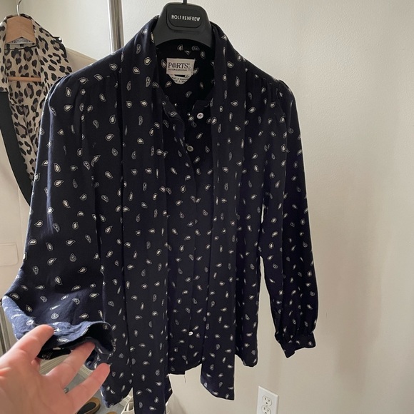 Ports Vintage Lg Sleeve Paisley Cotton + Wool Blouse Navy White Gray Sz 6 - Picture 2 of 12